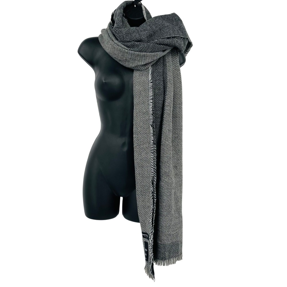 Kenneth Cole Scarf Unisex OS Grey Black Herringbone Wrap Quiet Luxury Minimalist